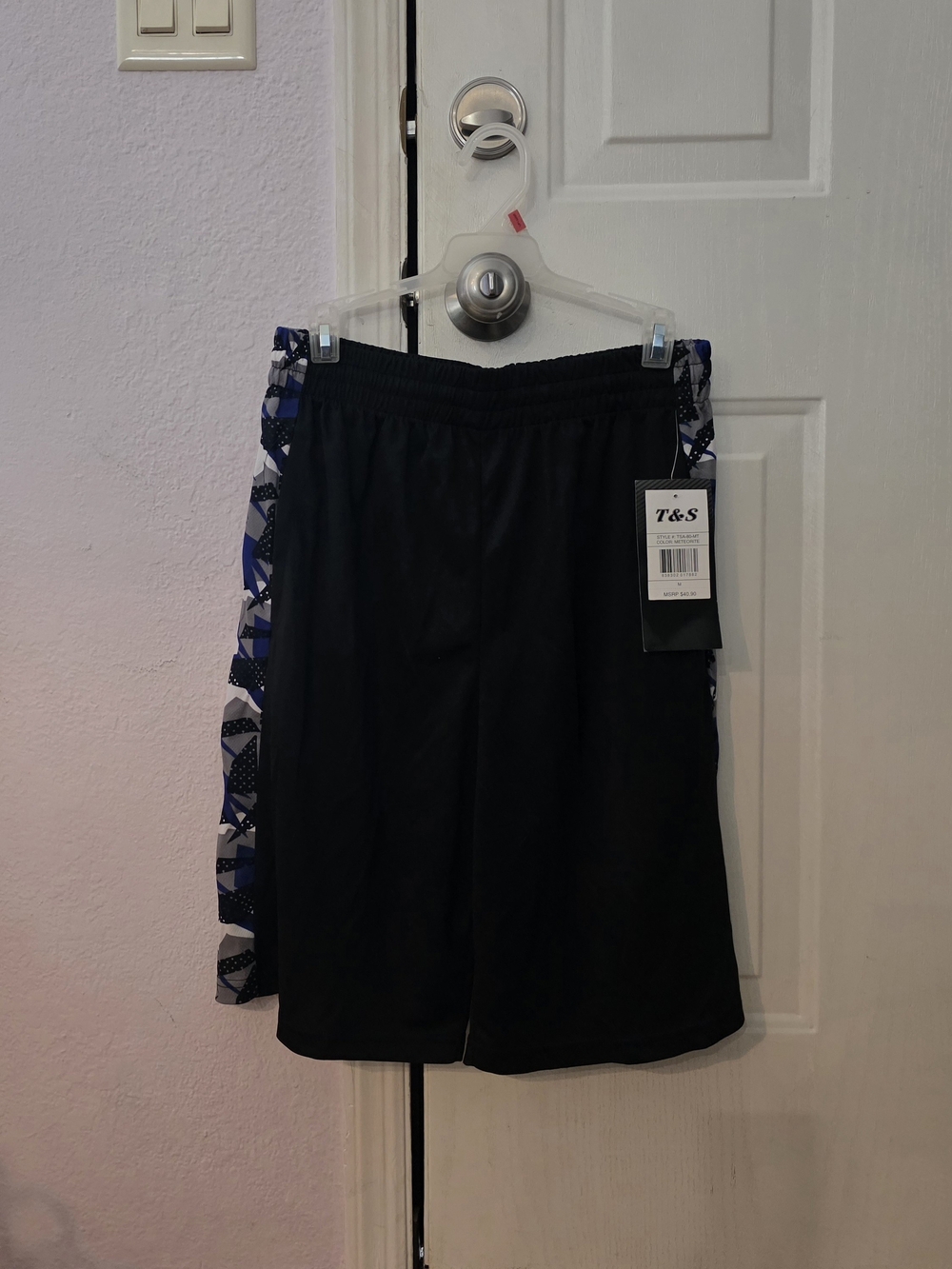 NWT- T&S Men’s Medium Black Athletic Shorts with Blue Geometric Side Panels